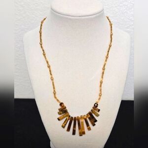 Tiger Eye Graduated Fan Necklace with Yellow Beads